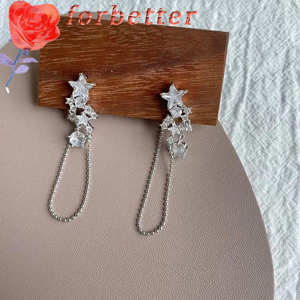 FORBETTER Khuyên Tai Hợp Kim Dáng Dài Đính Đá Phối Tua Rua Phong Cách Hàn Quốc