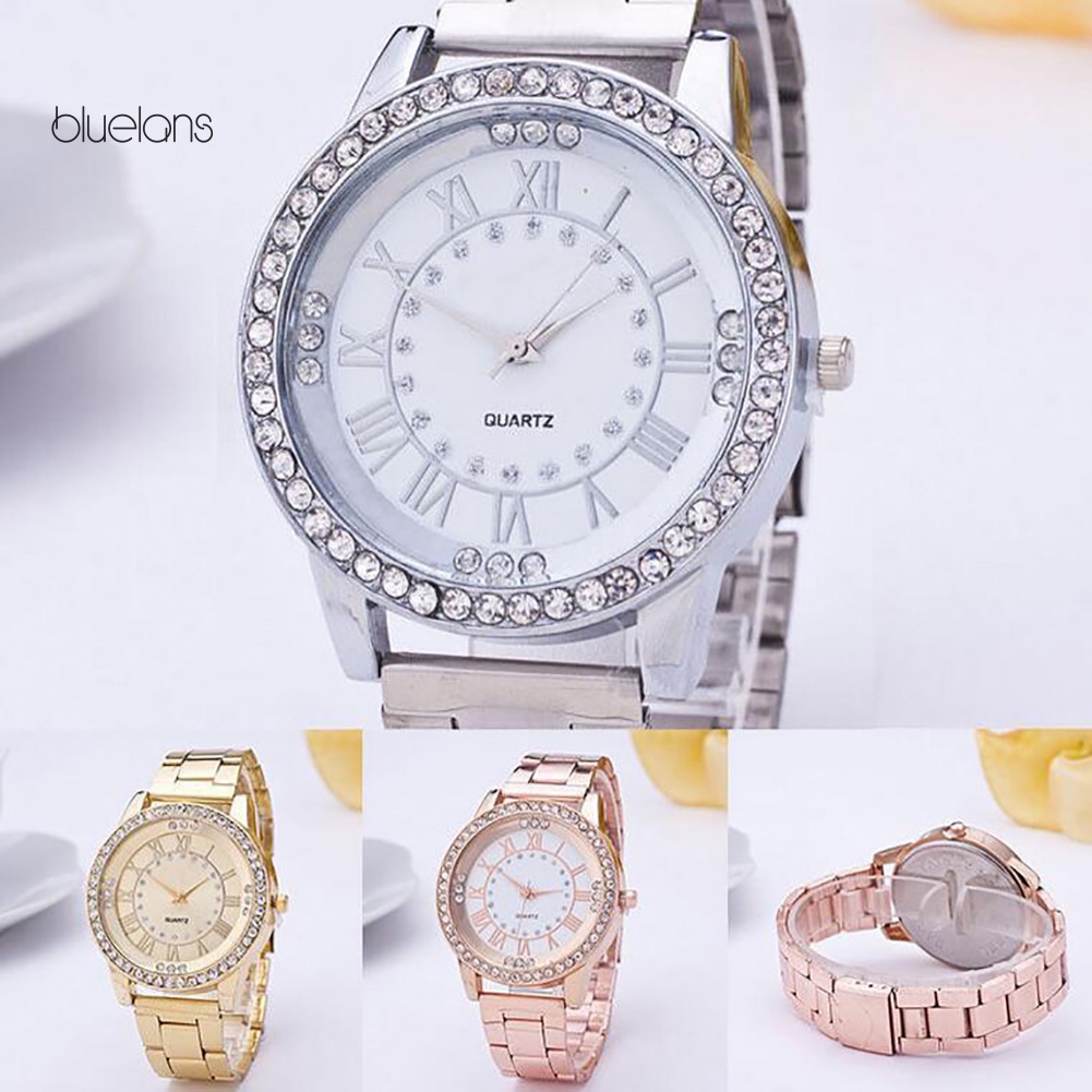 Đồng Hồ Analog Máy Quartz Nữ Mặt Đính Hột Xoàn Dây Thép Không Gỉ Thời Trang