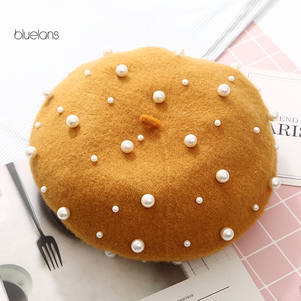 Mũ Beret Đính Ngọc Trai Nhân Tạo Màu Trơn Thời Trang Thu Đông Cho Nữ