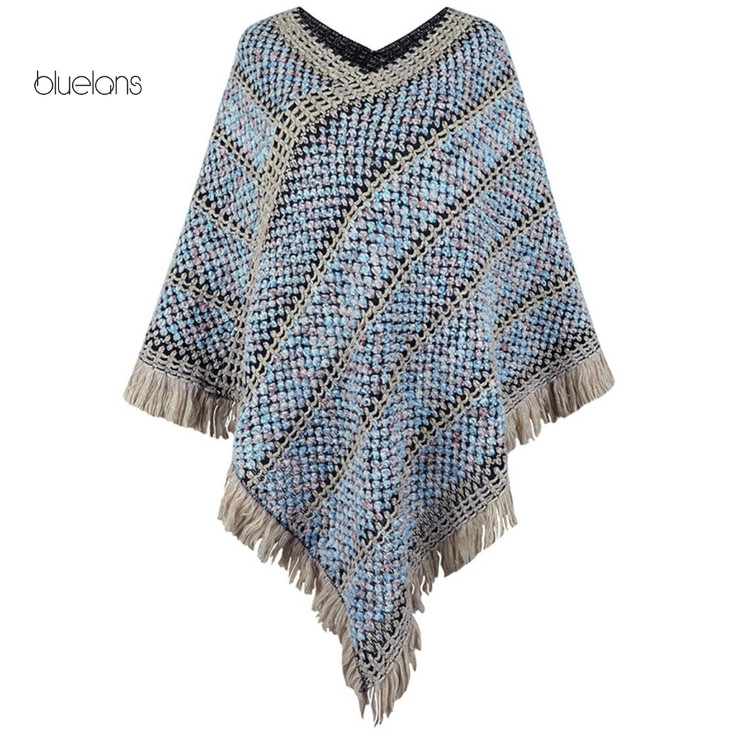 Áo Choàng Dệt Kim Dày Chui Đầu Cổ Chữ V Phối Tua Rua Họa Tiết Kẻ Sọc Phong Cách Bohemia