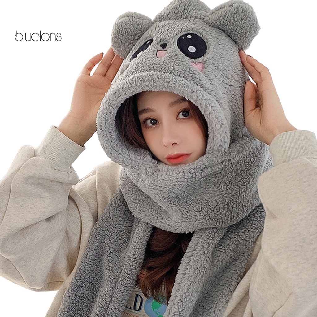 Khăn Choàng Cổ Dày Dặn 3 Trong 1 Có Mũ Tai Gấu Hoạt Hình Giữ Ấm Mùa Thu Đông Cho Bé Gái