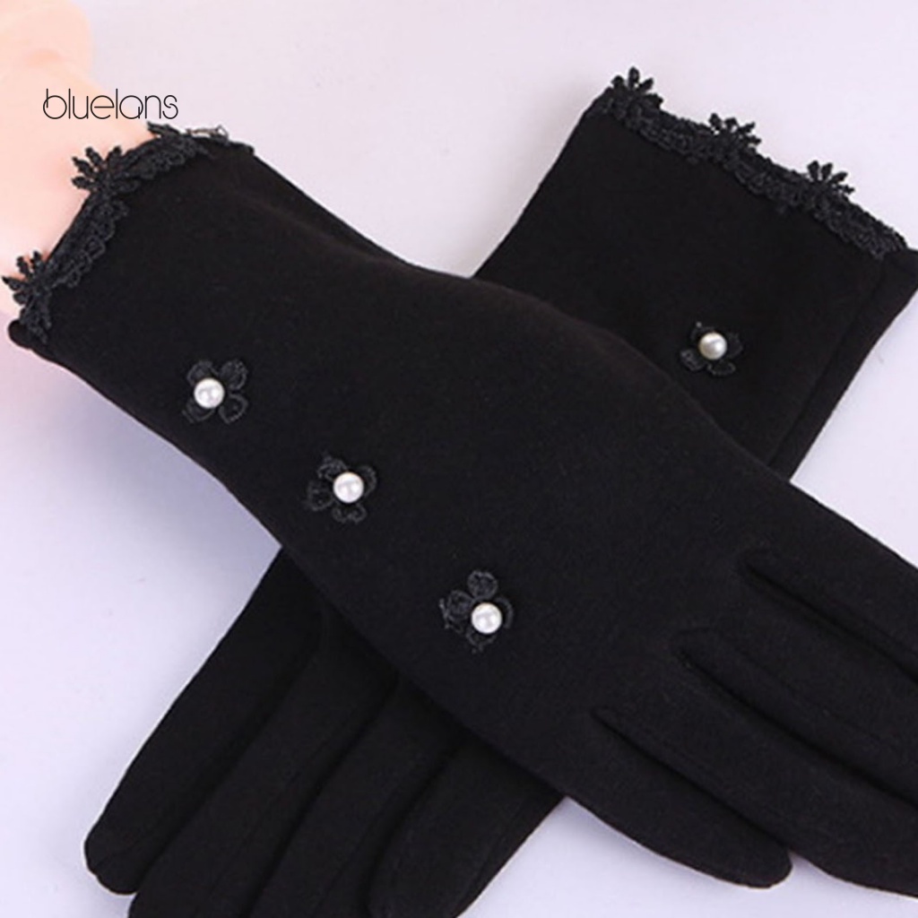 1 Đôi Găng Tay Giữ Ấm Phối Ren Đính Đá Thời Trang Cho Nữ