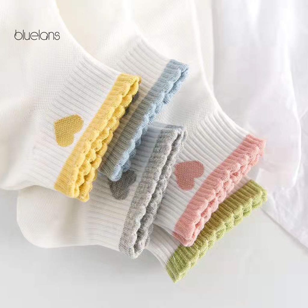 Set 5 Đôi Vớ Cổ Vừa In Họa Tiết Trái Tim Dễ Thương Màu Sắc Tương Phản Thời Trang Cho Nữ