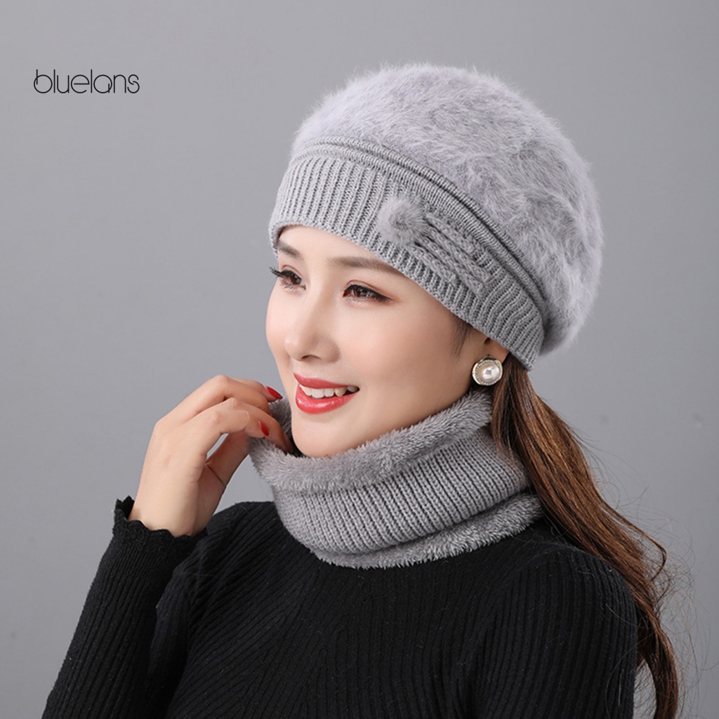 Bộ 2 Mũ Beret Dệt Kim Lót Lông Thỏ Giả Màu Sắc Trơn Không Vành Thời Trang Thu Đông Cho Nữ
