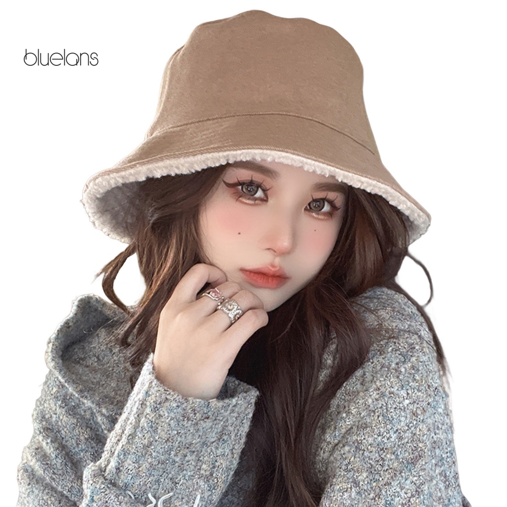Nón Bucket Lông Giả Vành Ngắn Màu Trơn Chống Lạnh Thời Trang Thu Đông Cho Nữ