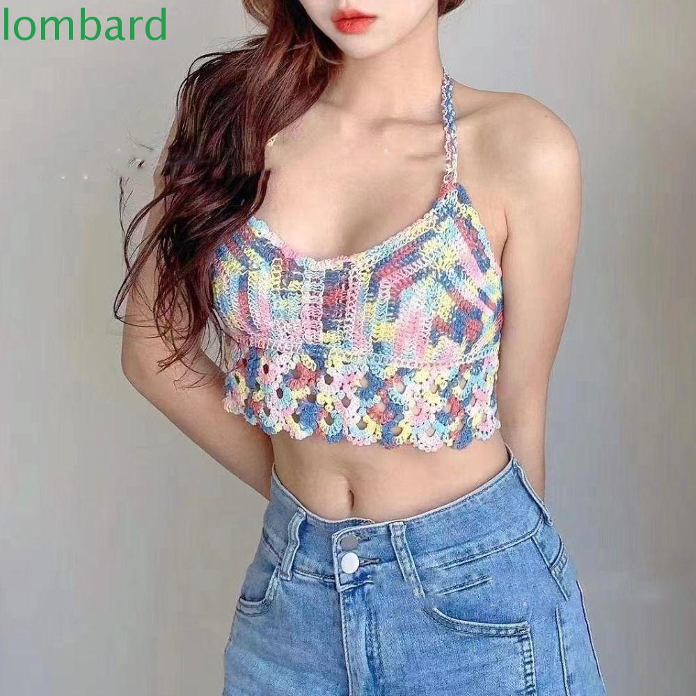 LOMBARD Áo Hai Dây Cổ Yếm Dáng Ngắn Thêu Họa Tiết Thời Trang Đi Biển Quyến Rũ Cho Nữ