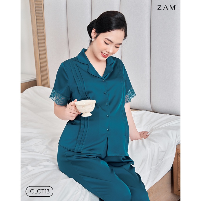 MÃ CLCT13 - BỘ BẦU NGẮN TAY QUẦN DÀI TRƠN PHỐI REN - XANH CỔ VỊT