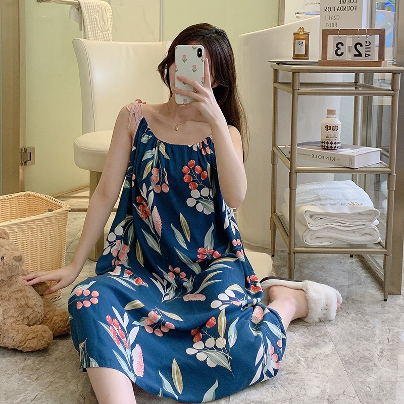 Đầm Ngủ Hai Dây Dáng Dài Chất Lụa Cotton Thời Trang Mùa Hè Cho Nữ