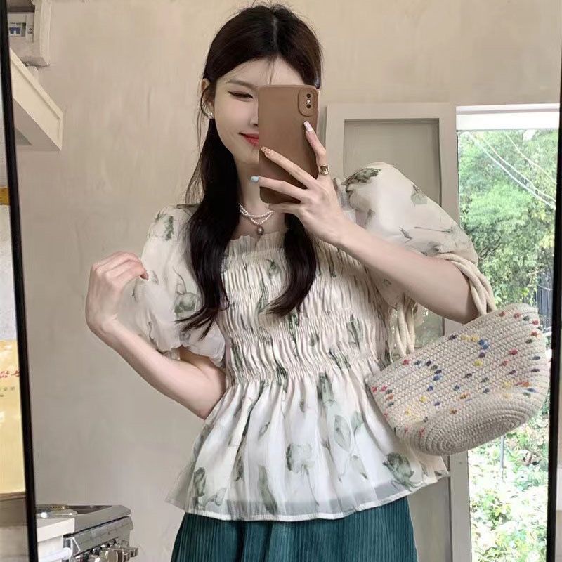 Áo Chiffon Cổ Vuông Tay Ngắn In Họa Tiết Hoa Phong Cách Pháp Thời Trang Cho Nữ