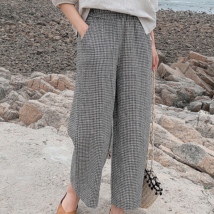 Quần Dài Cotton Lanh Ống Rộng Lưng Thun Kẻ Sọc Caro Trắng Đen Đa Năng Thời Trang Mùa Hè Cho Nữ