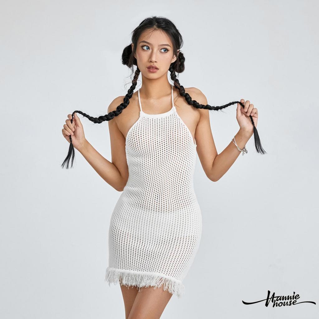 Hannie-đầm Hai Dây Dệt Kim Phối Tua Rua Giản Dị Mùa Hè Cho Nữ