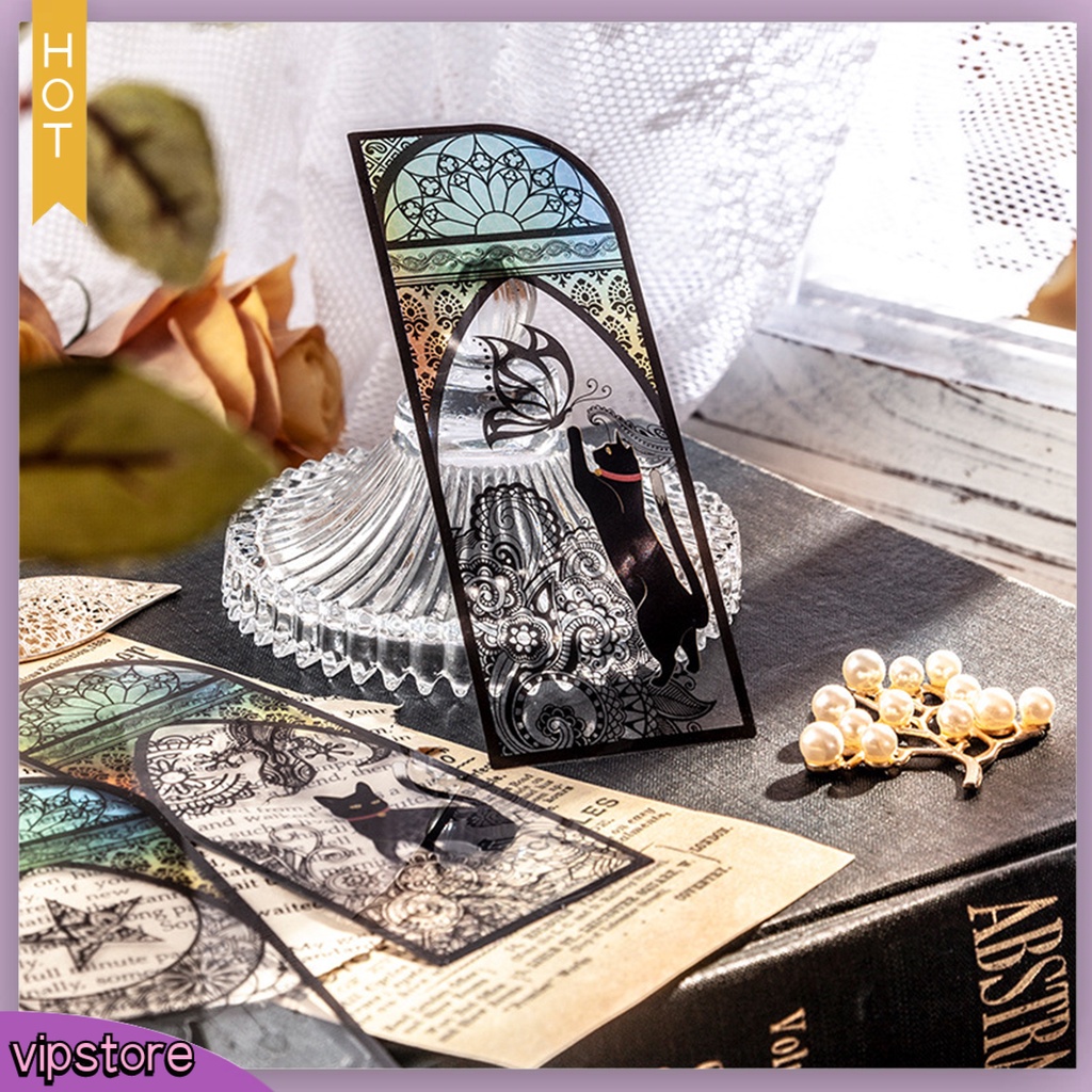 &lt;VIP&gt; Set 6 Bookmark Thủy Tinh Trong Suốt Chống Trầy Xước Chống Nước In Hình Mèo Đen Dễ Thương Đa Năng