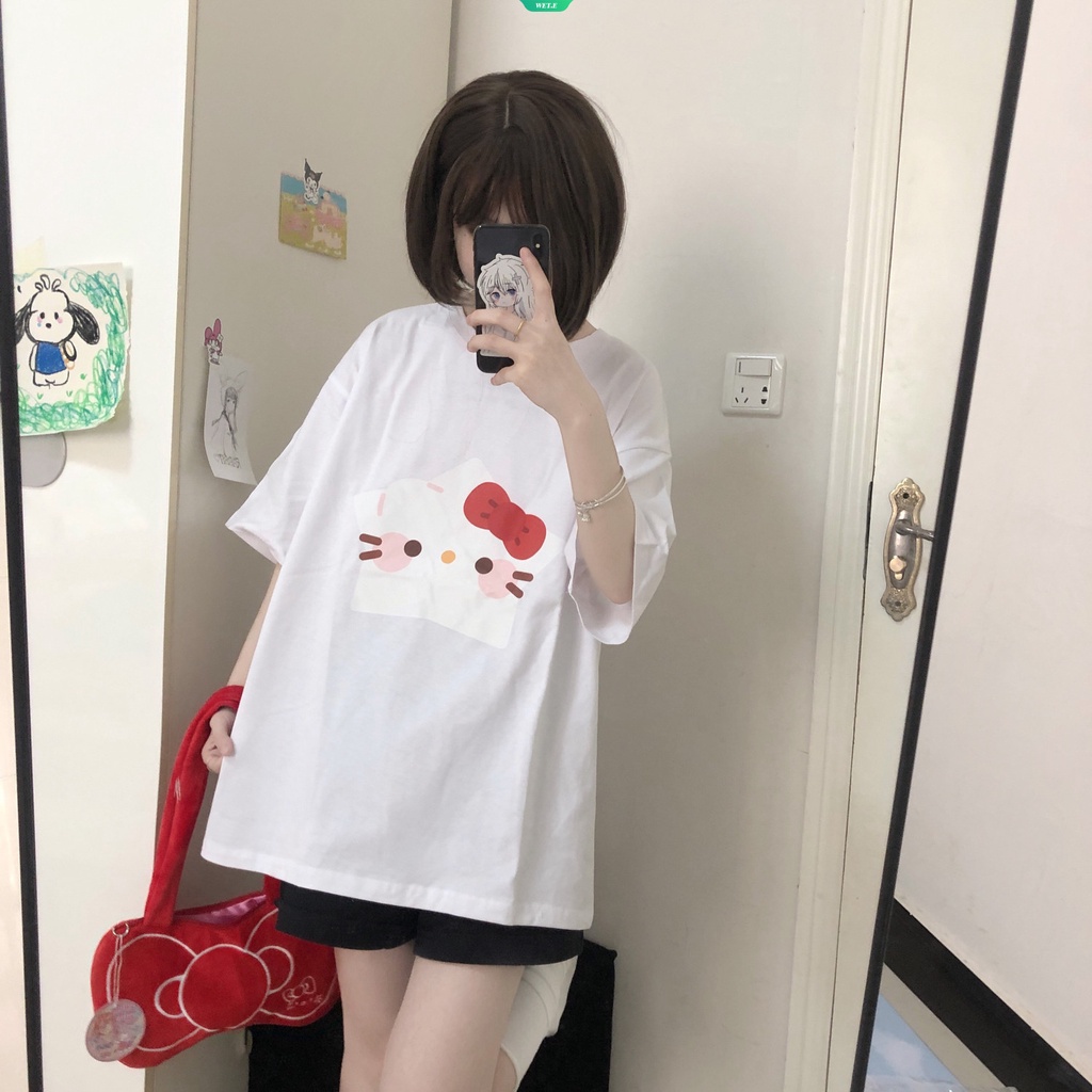 Japanese Academy Wind Phim hoạt hình dễ thương Sanrio Hello Kitty in áo thun ngắn tay lỏng lẻo bông thời trang xu hướng hàng đầu cho phụ nữ 2023 mùa hè mới