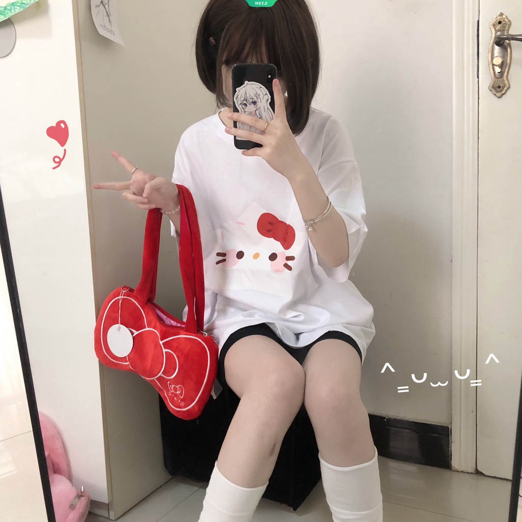 Japanese Academy Wind Phim hoạt hình dễ thương Sanrio Hello Kitty in áo thun ngắn tay lỏng lẻo bông thời trang xu hướng hàng đầu cho phụ nữ 2023 mùa hè mới