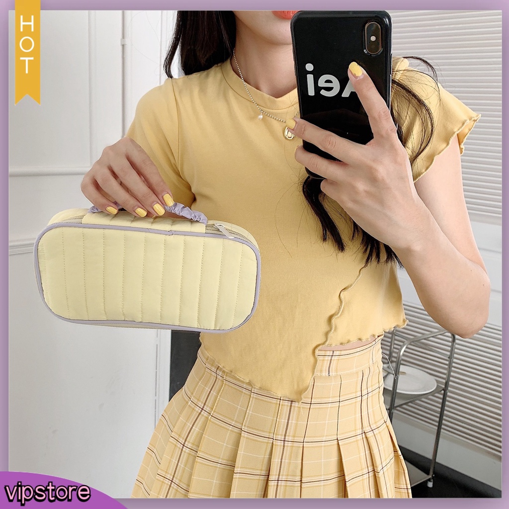 &lt;VIP&gt; Túi Đựng Bút Chì Dây Đeo Tay Dạng Lưới Mịn Có Dây Kéo Bên Trong Sức Chứa Lớn Thiết Kế Kem Phô Mai Màu Tím / Vàng Cho Học Sinh