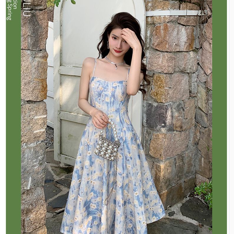 Đầm Hoa Hai Dây Dáng Dài Màu Xanh Dương Thời Trang Đi Biển Mùa Hè Cho Nữ