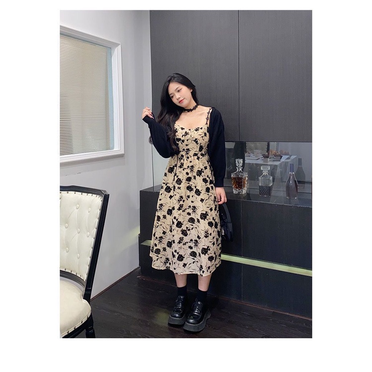 Salt Series Bộ Đầm Hai Dây Cardigan Hoa Nhẹ Nhàng Phong Cách Hong Kong