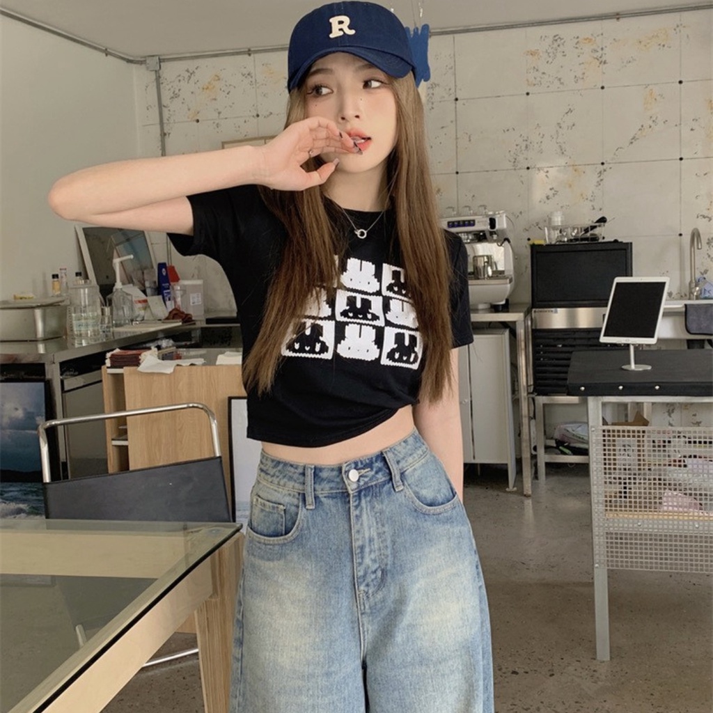 Áo croptop cổ tròn tay ngắn PINKSTORE29 in họa tiết thỏ hoạt hình dễ thương A5768