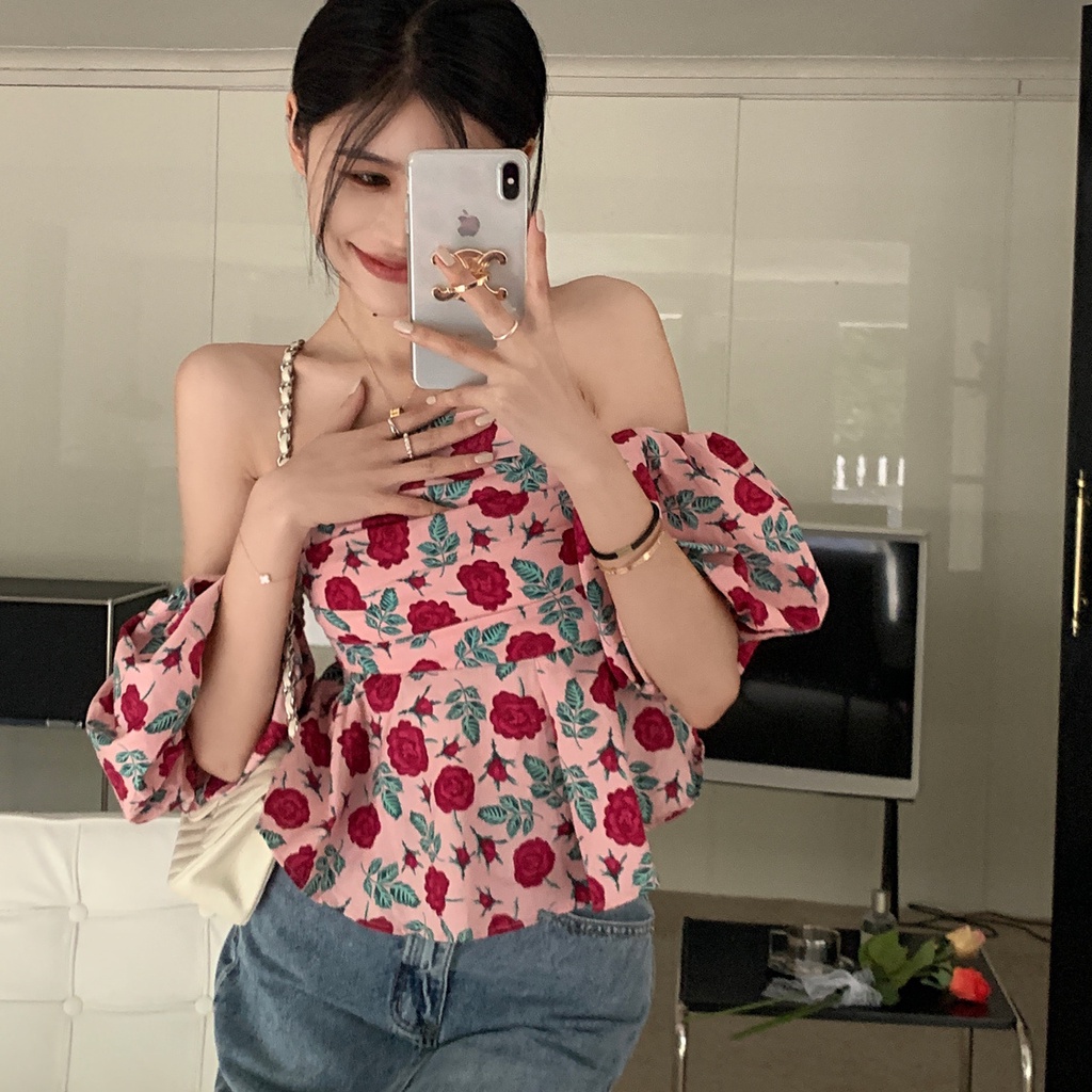 Áo Kiểu Tay Phồng Trễ Vai Họa Tiết Hoa Xinh Xắn Cho Nữ