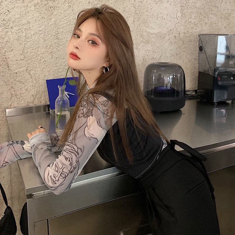 Áo Croptop Nữ Phong Cách Mỏng Cổ Tròn Mỏng Vừa Vặn Tay Áo Dài Vải Lưới Chống Nắng Phối Cảnh Áo Thun Phù Hợp