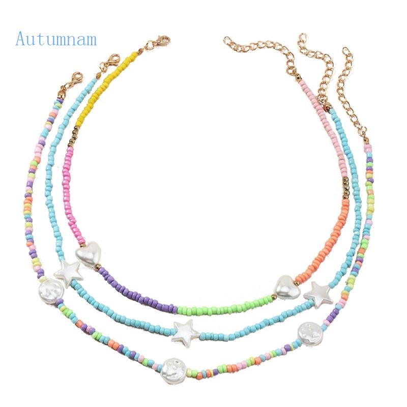 AUTU 3pcs Handmade Bohemian Choker Sweet Colorful Beaded Necklace Kids Clavicle Chain