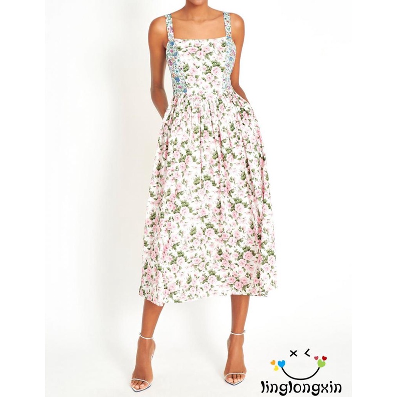 Linglongxi2-Women Floral Print Sleeveless A-line Midi Dress