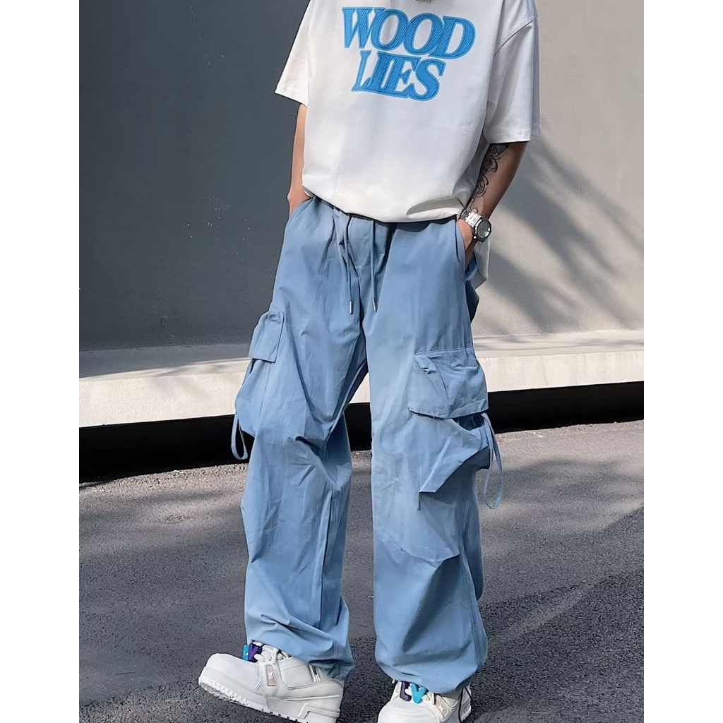 Người đàn ông retro metican quần chở hàng mùa hè người đàn ông mỏng quần ống rộng hip hop quần ống rộng người đàn ông kẻ caro túi quần kaki hộp túi quần nam