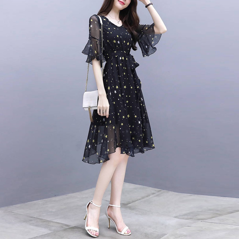Đầm Công Sở Dáng Chữ A Tay Ngắn Bằng Polyester In Họa Tiết Ngôi Sao Đơn Giản
