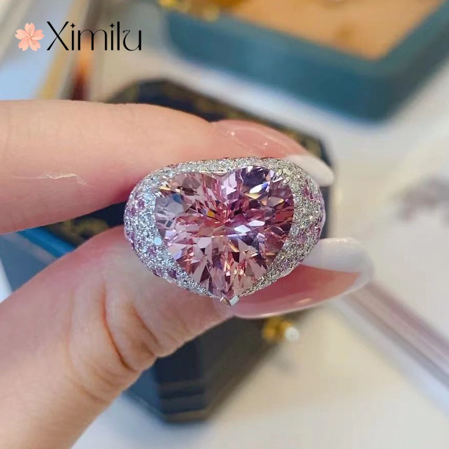 ♥ Romantic original color treasure love silver ring femininity simple full diamond powder crystal jewelry
