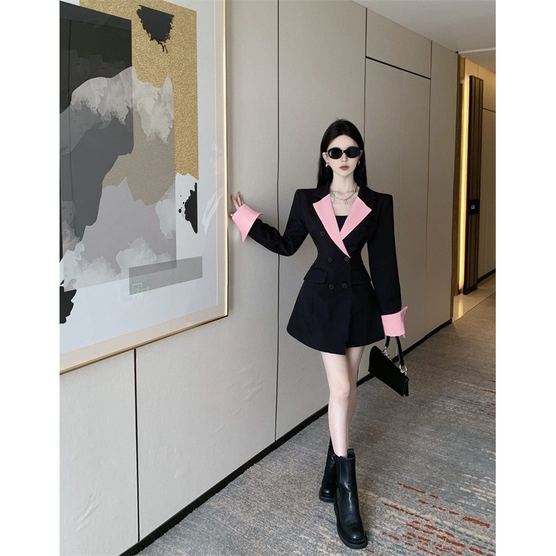 Đầm Dài Tay Ôm Dáng Màu Sắc Tương Phản Phong Cách Pháp Thời Trang Mùa Xuân Chất Lượng Cao