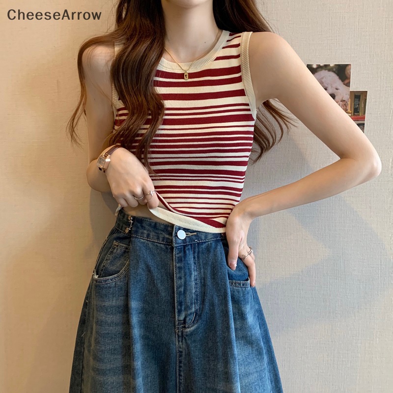 Áo Dệt Kim Hai Dây Cổ Tròn Họa Tiết Kẻ Sọc Vintage Thời Trang Mùa Hè Cho Nữ
