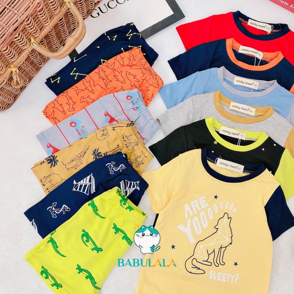 Đồ Bộ Tay Ngắn Thun Lạnh Minky Mom Chính Hãng Ráp Tay Cá Tính Hình Cá Mập Thuyền Buồm Hươu Cho Bé 8-20kg - Babulala