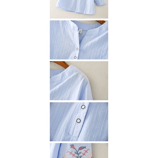 2023 new pure cotton three-quarter sleeve t-shirt nữ thêu casual all-match loose covering flesh mo