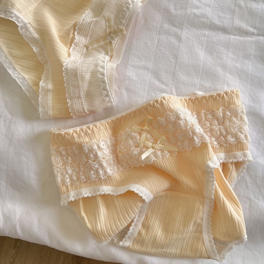 Quần Lót Cotton Nguyên Chất Phối Ren Màu Xanh Dương Dễ Thương Phong Cách Nhật Bản Cho Nữ