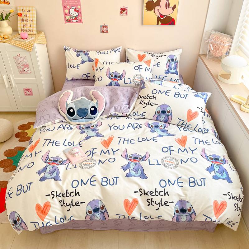 Bộ Ga Trải Giường Vỏ Chăn Gối Đệm 3 Trong 1 Giặt Được In Hình Chuột Mickey Stitch YS2