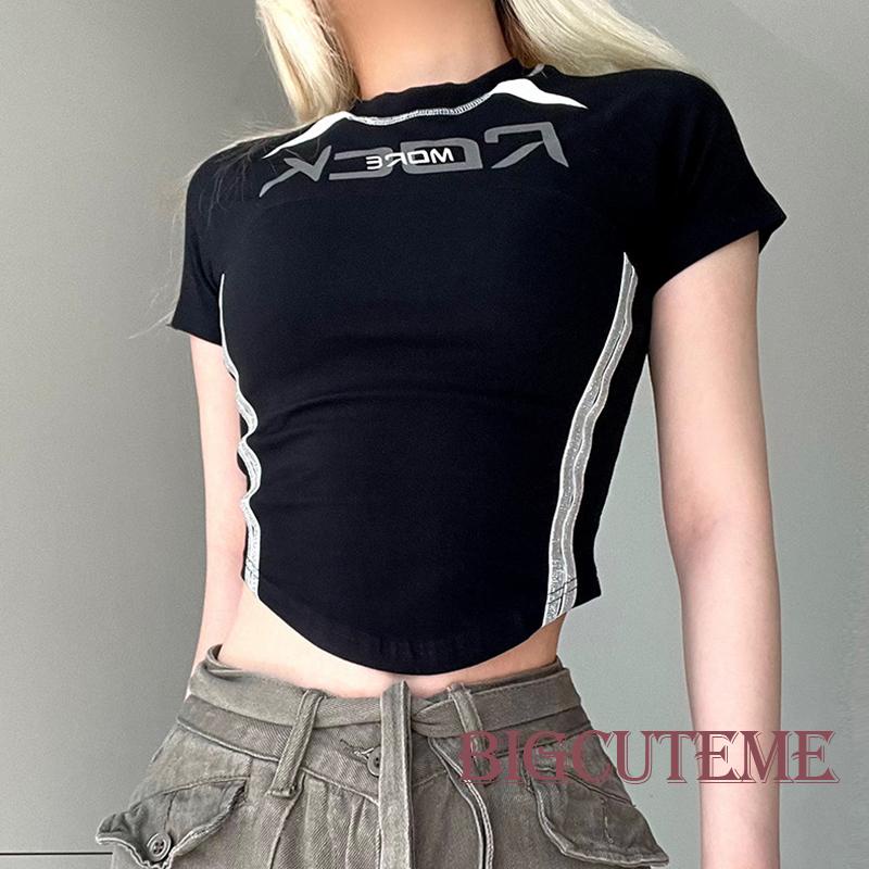 Áo Thun Crop Top Tay Ngắn Cổ Tròn In Chữ Phản Quang Thời Trang Mùa Hè Dành Cho Nữ