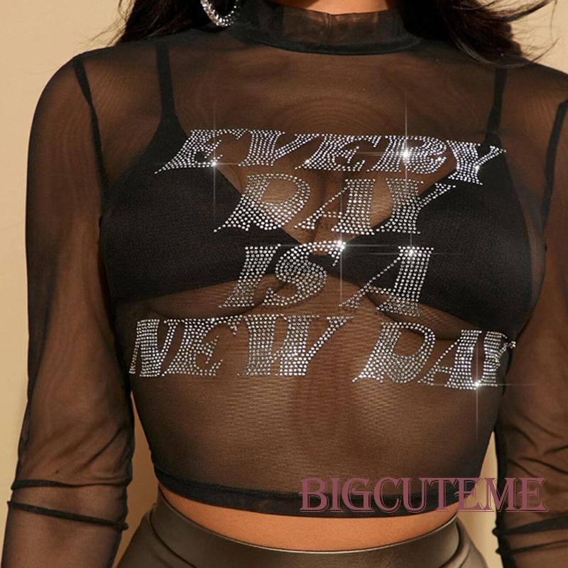 [] Áo Thun Cổ Thuyền Tay Dài Xuyên Thấu Ôm Dáng Vừa Vặn Hình Chữ Cái Đính Đá Cho Nữ Đi Club