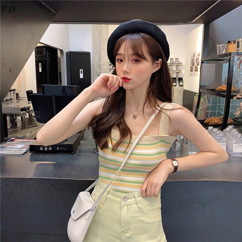 Áo Dệt Kim Không Tay Dáng Ôm In Kẻ Sọc Kiểu Vintage Thời Trang Mùa Hè Cho Bạn Gái PJ