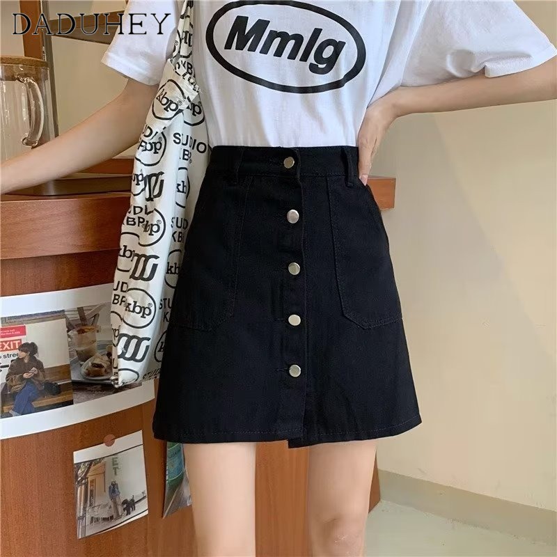 DaDuHey New Korean Version of Ins Multi-breasted Denim Skirt Niche High Waist A- line Skirt Package Hip Skirt