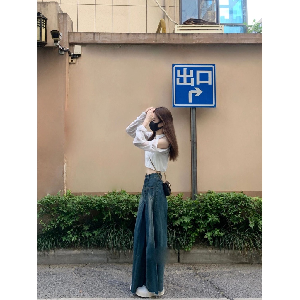 [Wear A Whole Set Áo Sơ Mi Ngắn Hở Vai + Quần Short Jean Ống Rộng Cạp Cao Mùa Hè Cho Nữ