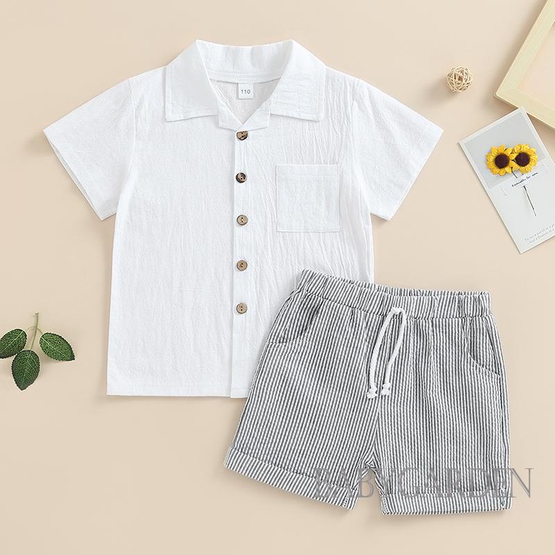 Set Áo Sơ Mi Ngắn Tay + Quần Short Kẻ Sọc Thời Trang Mùa Hè Cho Bé Trai 3-7 Tuổi