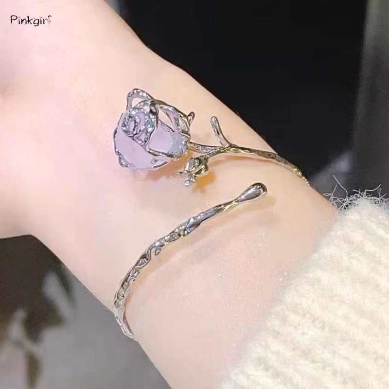 Vòng Đeo Tay Dạng Mở Hình Hoa Hồng Màu Tím Kiểu Tối Giản Tinh Tế Có Thể Điều Chỉnh Cho Nữ