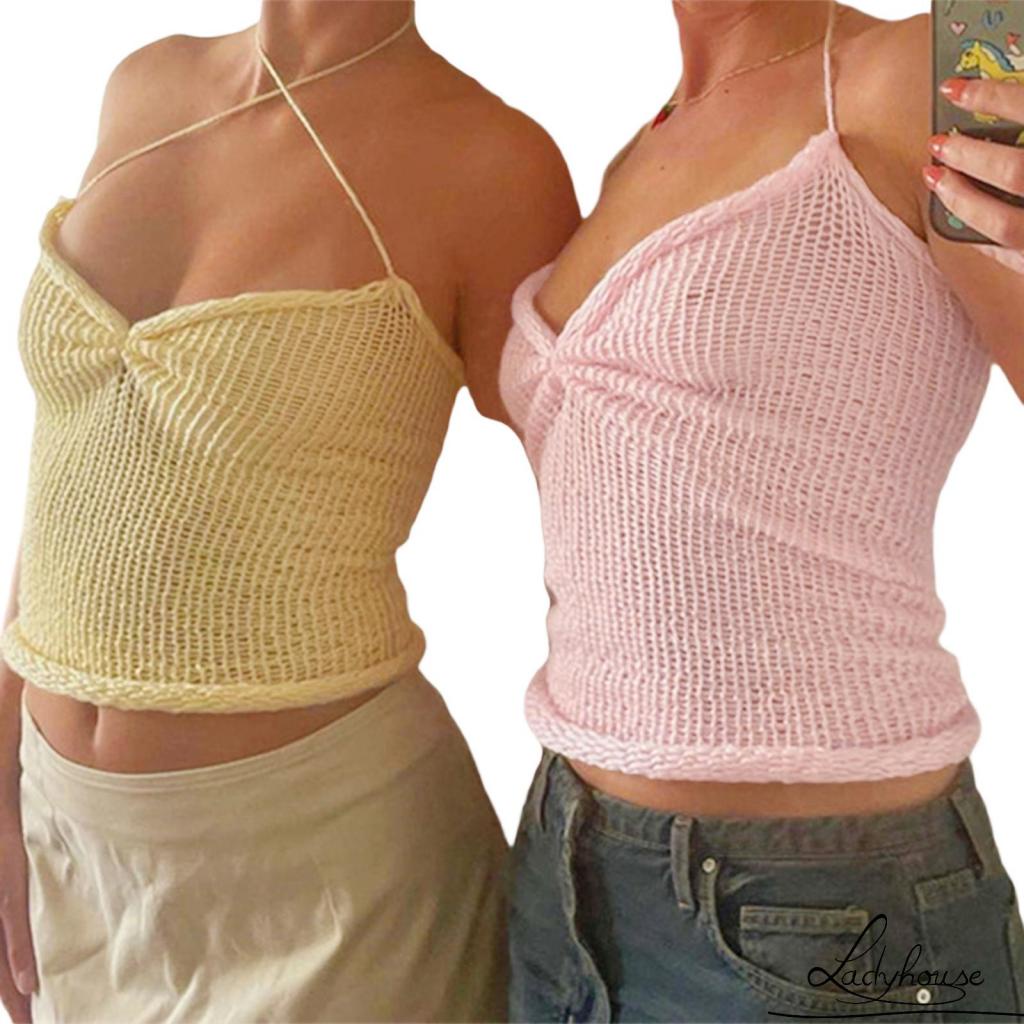 Áo Croptop Dệt Kim Hai Dây Màu Trơn Thời Trang Mùa Hè Cho Nữ