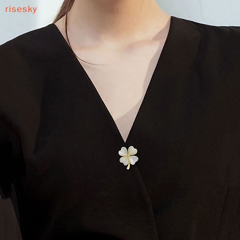 Ghim Cài Áo Hình Cỏ Bốn Lá May Mắn Đính Đá Zircon Cố Định Chống Rơi Cho Nữ