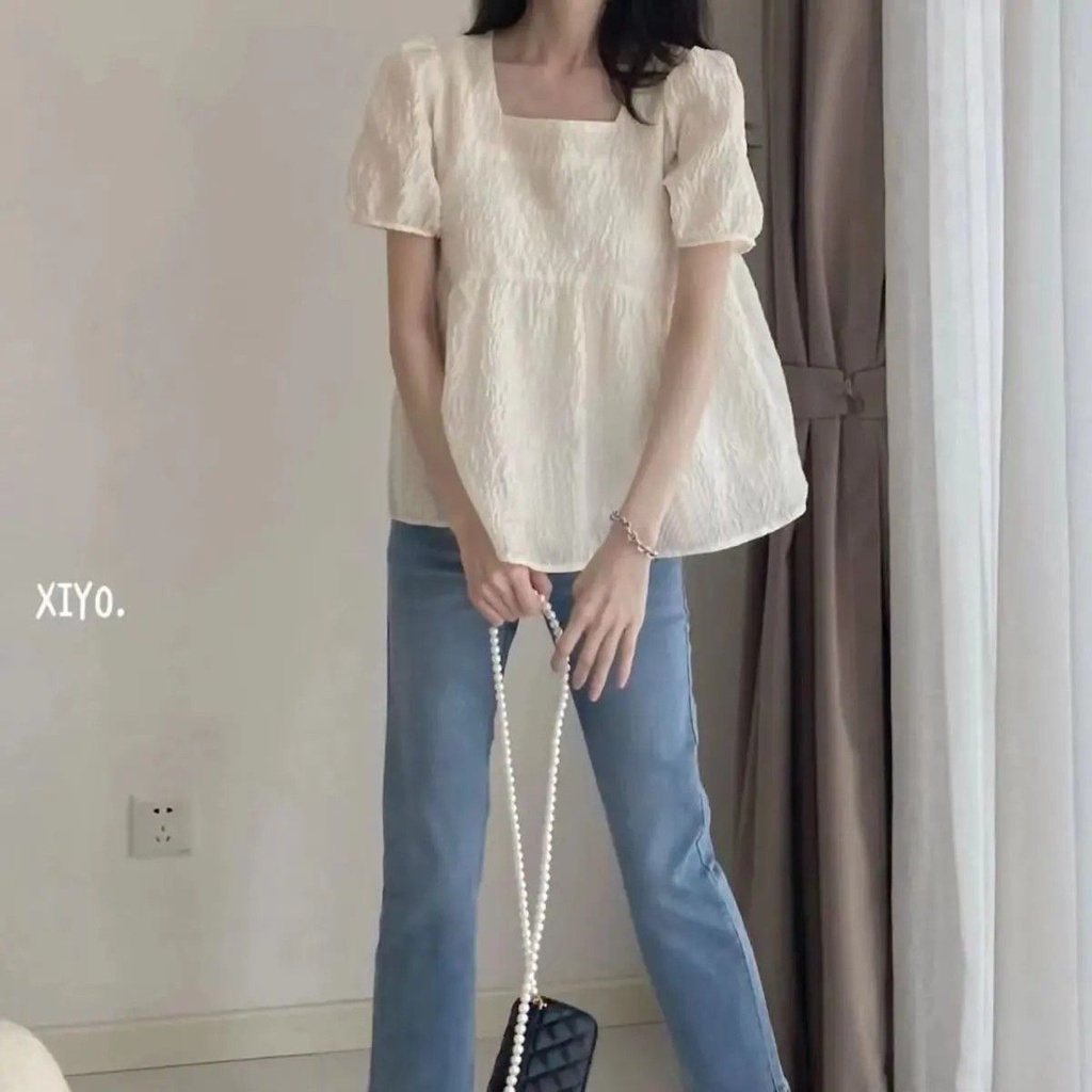 Áo Sơ Mi Cổ Vuông Tay Ngắn Phồng Màu Sắc Đơn Giản Thời Trang Cho Nữ