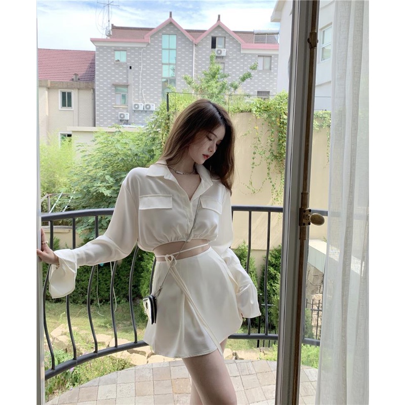 G-Fashion Set đồ nữ đi chơi Áo Sơ Mi Satin Ngắn Tay Dài + Chân Váy Chữ A Lưng Cao Màu Trơn Thời Trang 2023 Cho Nữ