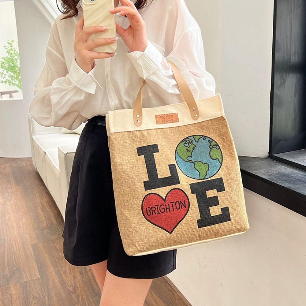 MIQUEL Túi Xách Mua Sắm Bằng Vải Lanh In Họa Tiết Trái Tim Đơn Giản Thân Thiện Với Môi Trường