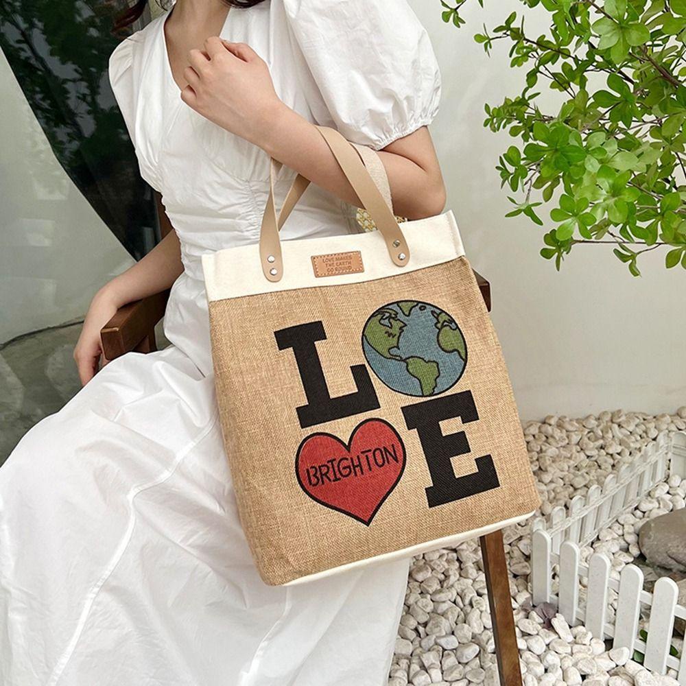 Túi Xách Đeo Vai Chất Liệu Vải Lanh In Họa Tiết Trái Tim 26Eddie Cho Nữ