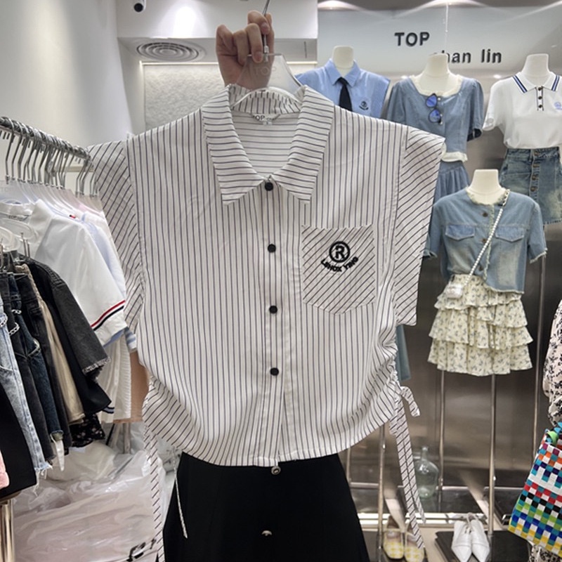 Áo Sơ Mi Ngắn Không Tay Thêu Họa Tiết Kẻ Sọc Phối Dây Rút Phong Cách Preppy Mẫu Mới 2023 Thời Trang Mùa Hè Cho Nữ