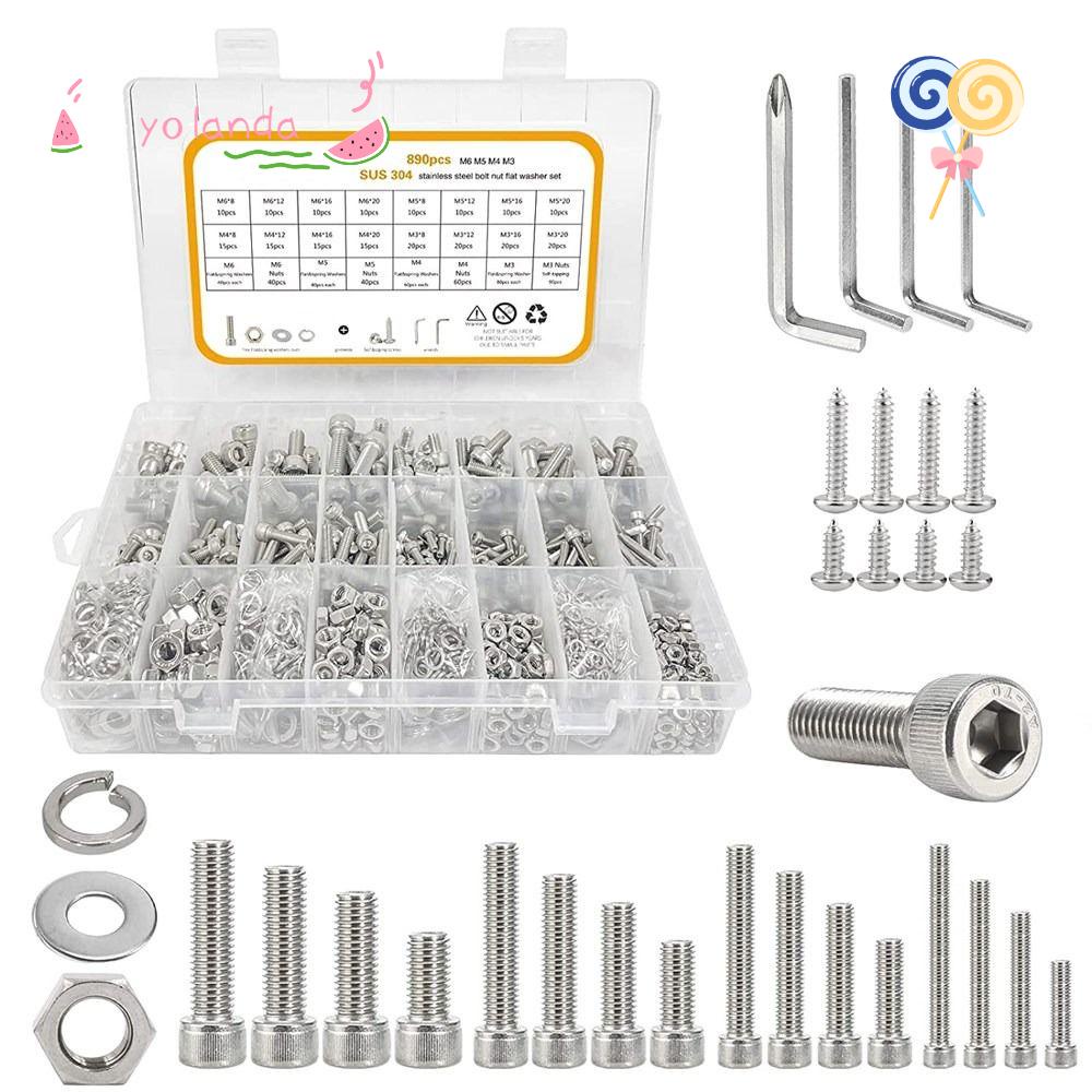 Bộ 890 Đai Ốc Lục Giác M3 M4 M5 M6 Bằng Thép Không Gỉ 304 Kèm Hộp Đựng Tiện Lợi